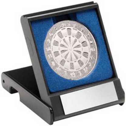 Picture of Black Plastic Box With Darts Insert Trophy Silver - 3.5in