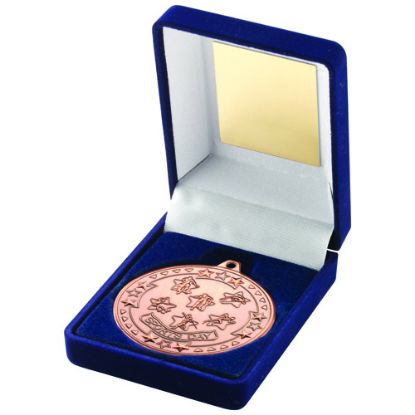 Picture of Blue Velvet Box And 50mm Sports Day Medal Trophy Bronze