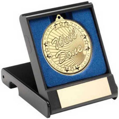 Picture of Black Plastic Box With 50mm Gold Well Done Medal Trophy