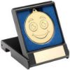 Picture of Black Plastic Box With 50mm Gold Smiley Face Medal Trophy - 3.5in