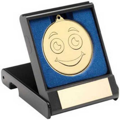 Picture of Black Plastic Box With 50mm Gold Smiley Face Medal Trophy