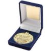Picture of Blue Velvet Box And Gold 50mm Medal Well Done Trophy - 3.5in