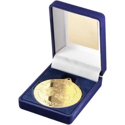 Picture of Blue Velvet Box And 50mm Medal Cycling Trophy Gold