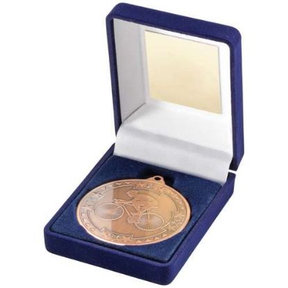Picture of Blue Velvet Box And 50mm Medal Cycling Trophy Bronze