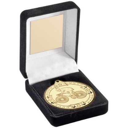 Picture of Black Velvet Medal Box And 50mm Medal Cycling Trophy Gold