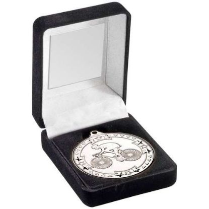 Picture of Black Velvet Medal Box And 50mm Medal Cycling Trophy Silver
