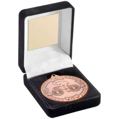 Picture of Black Velvet Medal Box And 50mm Medal Cycling Trophy Bronze