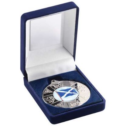 Picture of Blue Velvet Box And 50mm Medal Scotland Trophy (1in Centre) Silver