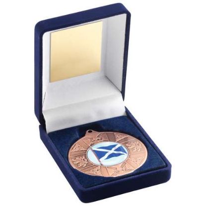 Picture of Blue Velvet Box And 50mm Medal Scotland Trophy (1in Centre) Bronze