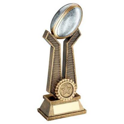 Picture of Brz|pew|gold Rugby Ball On Twin Prongs With Plate (1in Centre) - 8in