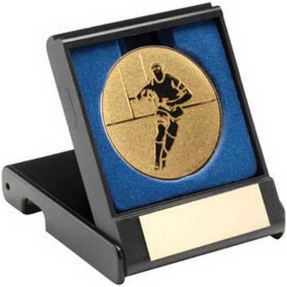 Picture of Black Plastic Box With Rugby Insert Trophy Gold - 3.5in