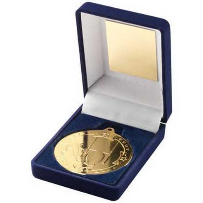 Picture of Blue Velvet Box And 50mm Medal Rugby Trophy Gold - 3.5in