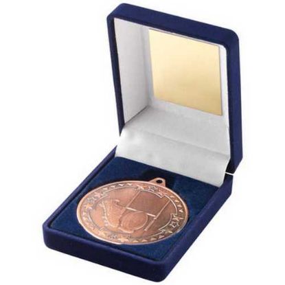 Picture of Blue Velvet Box And 50mm Medal Rugby Trophy Bronze - 3.5in