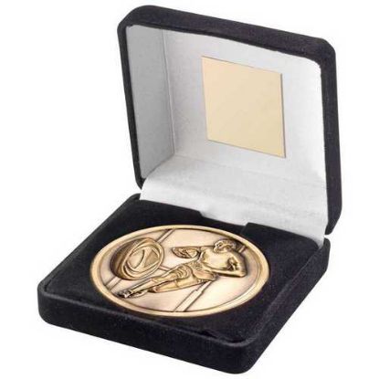 Picture of Black Velvet Box And 70mm Medallion Rugby Trophy Antique Gold - 4in