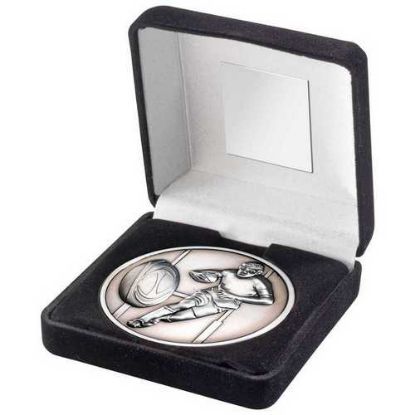 Picture of Black Velvet Box And 70mm Medallion Rugby Trophy Antique Silver - 4in