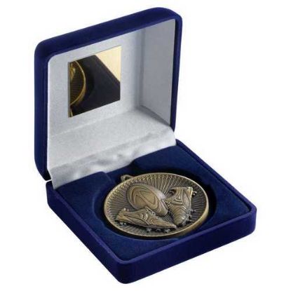 Picture of Blue Velvet Box And 60mm Medal Rugby Trophy Antique Gold - 4in