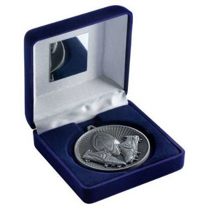Picture of Blue Velvet Box And 60mm Medal Rugby Trophy Antique Silver - 4in