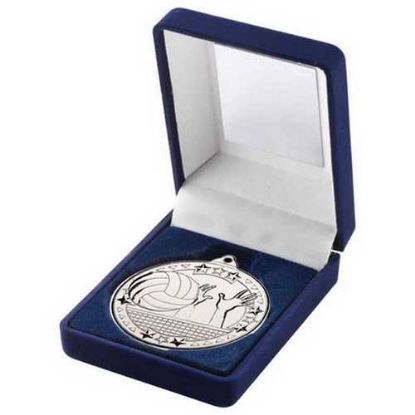 Picture of Blue Velvet Box And 50mm Medal Volleyball Trophy Silver - 3.5in
