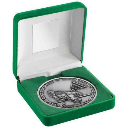 Picture of Green Velvet Box And 70mm Medallion Pool~snooker Trophy Antique Silver