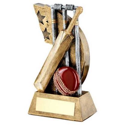 Picture of Brz|pew|red Cricket Stumps|bat|ball On Star Swoosh With Plate - 4.25in