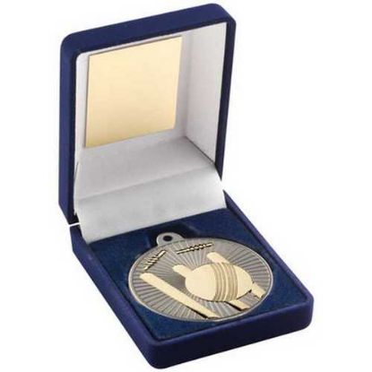 Picture of Blue Velvet Box And 50mm Cricket Medal Trophy Matt Silver~gold