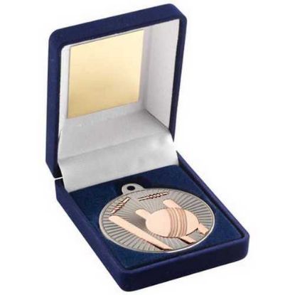 Picture of Blue Velvet Box And 50mm Cricket Medal Trophy Matt Silver~bronze