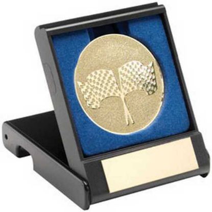 Picture of Black Plastic Box With Crossed Flags Insert Gold - 3.5in