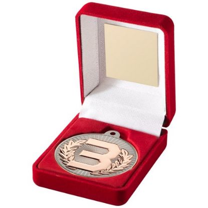 Picture of Red Velvet Box And 50mm Medal Trophy Matt Silver~bronze 3rd