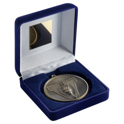 Picture of Blue Velvet Box And 60mm Medal Victory Torch Trophy Antique Gold