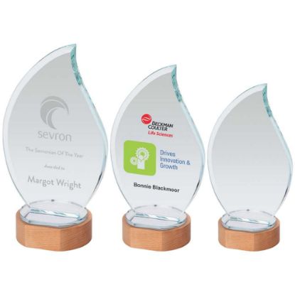 Picture of Clear Glass Flame On Light Wood Base (10mm Thick) - 9in