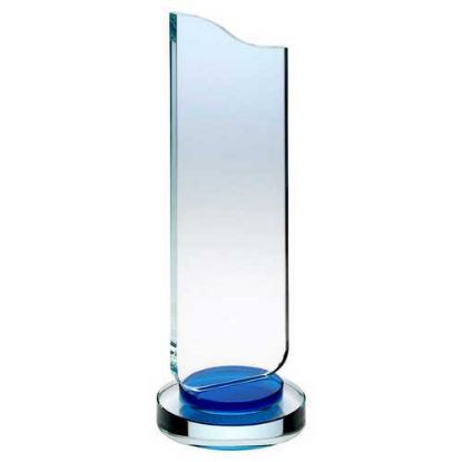 Picture of Clear Glass Plaque With Blue Collar On Round Base - 9.75in