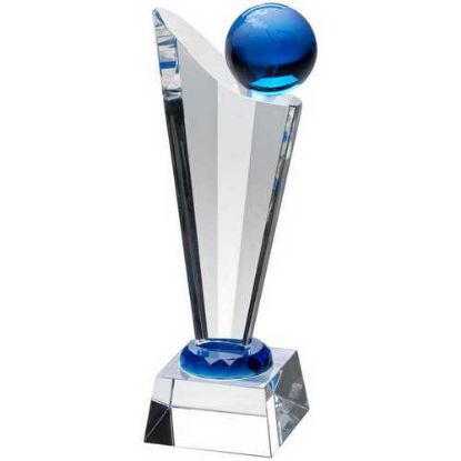 Picture of Clear|blue Glass Victory Plaque With Blue Globe - 11in