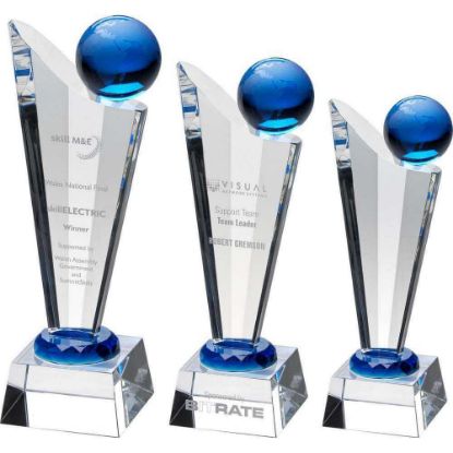 Picture of Clear|blue Glass Victory Plaque With Blue Globe - 11in