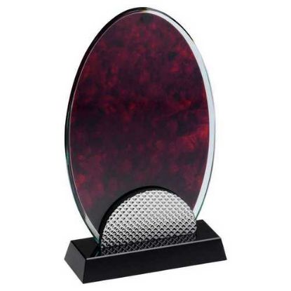 Picture of Red Marble Backed Clear Glass Oval With Silver Detail And Black Base - 8.5in