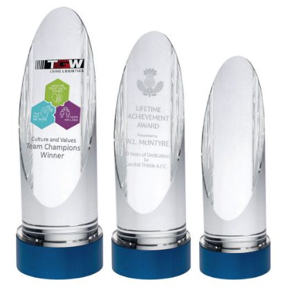 Picture of Clear Glass Round Column On Blue Metal Base (70mm Diameter)