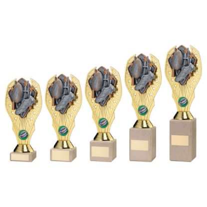 Picture of Gold Plastic Holder + Rugby Disc On Cream Marble Trophy (1in Cen)