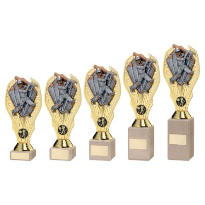 Picture of Gold Plastic Holder+cricket Batsman Disc+cream Marble Trophy (1in Cen)