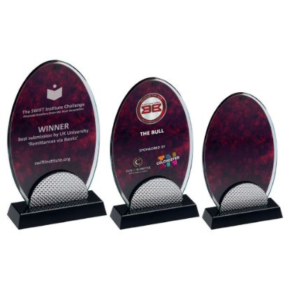 Picture of Red Marble Backed Clear Glass Oval With Silver Detail And Black Base - 8.5in