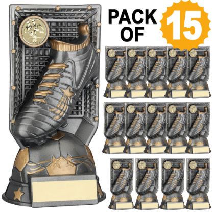 Picture of Pack Of 15 Grey~gold Filled Plastic Football Trophy + Plates (1in Cen)
